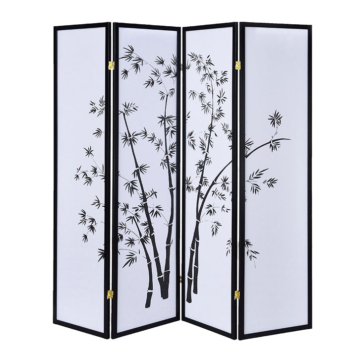 Bamboo Print 4 Panel Wooden Room Divider, Black and White-zoom-1