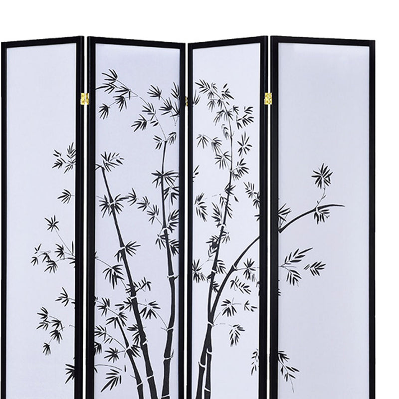 Bamboo Print 4 Panel Wooden Room Divider, Black and White-zoom-