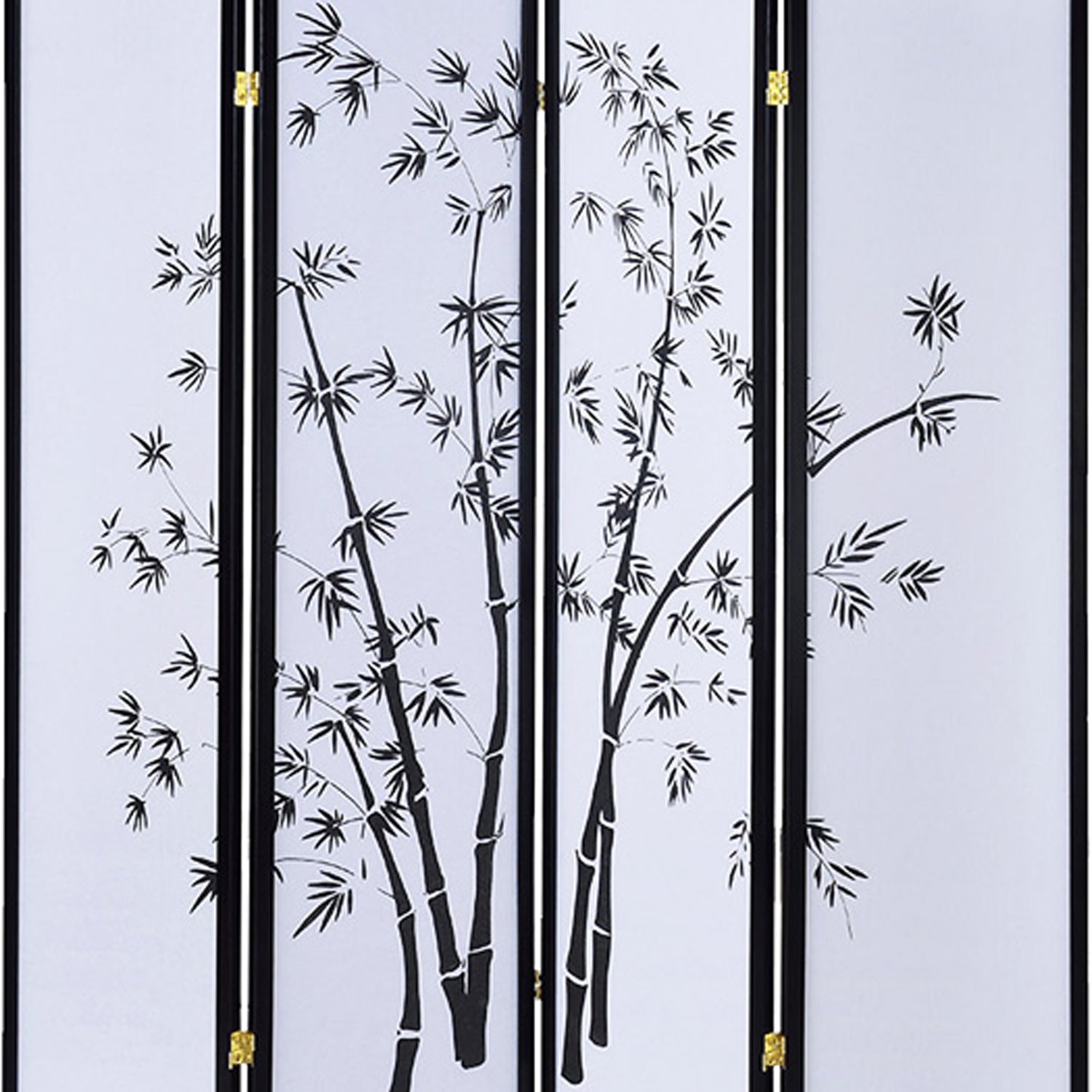Bamboo Print 4 Panel Wooden Room Divider, Black and White-zoom-3