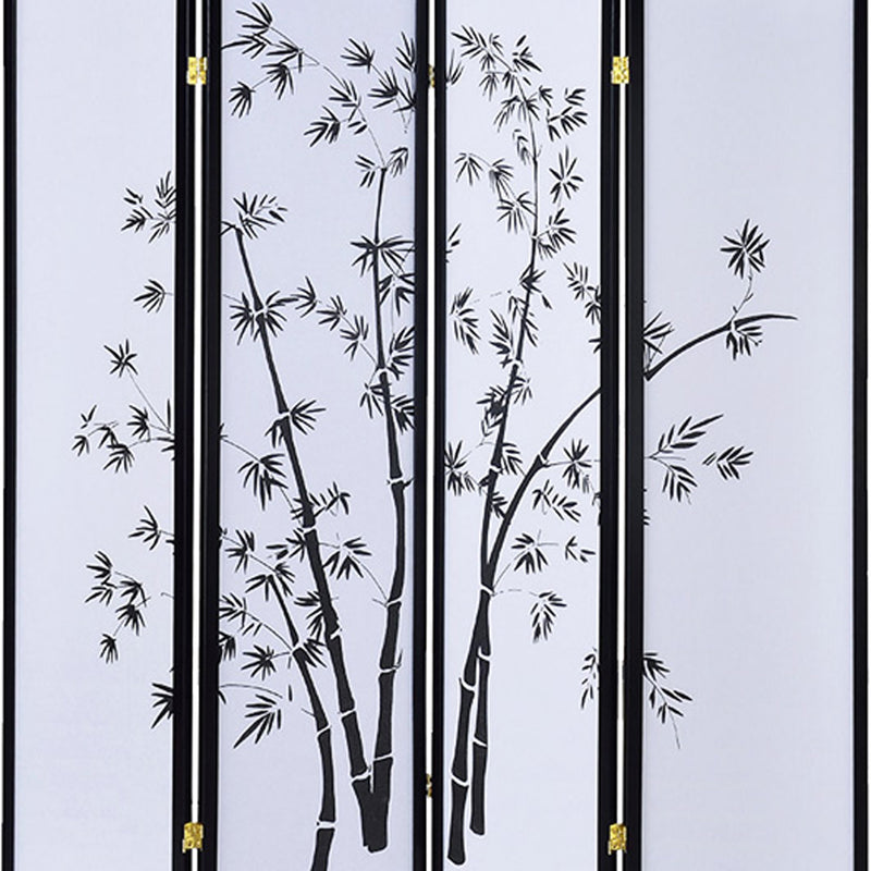 Bamboo Print 4 Panel Wooden Room Divider, Black and White-zoom-