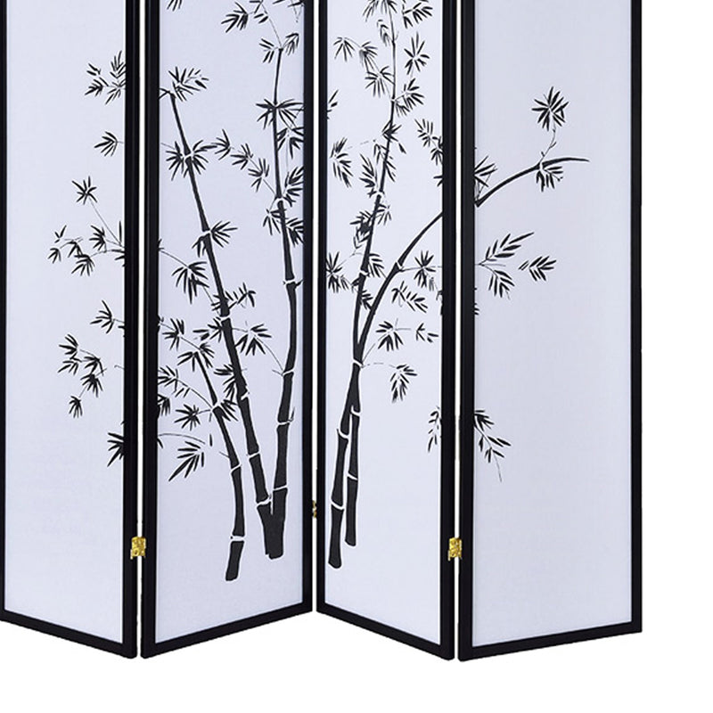 Bamboo Print 4 Panel Wooden Room Divider, Black and White-zoom-