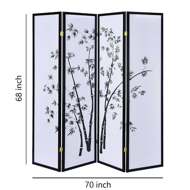 Bamboo Print 4 Panel Wooden Room Divider, Black and White-zoom-