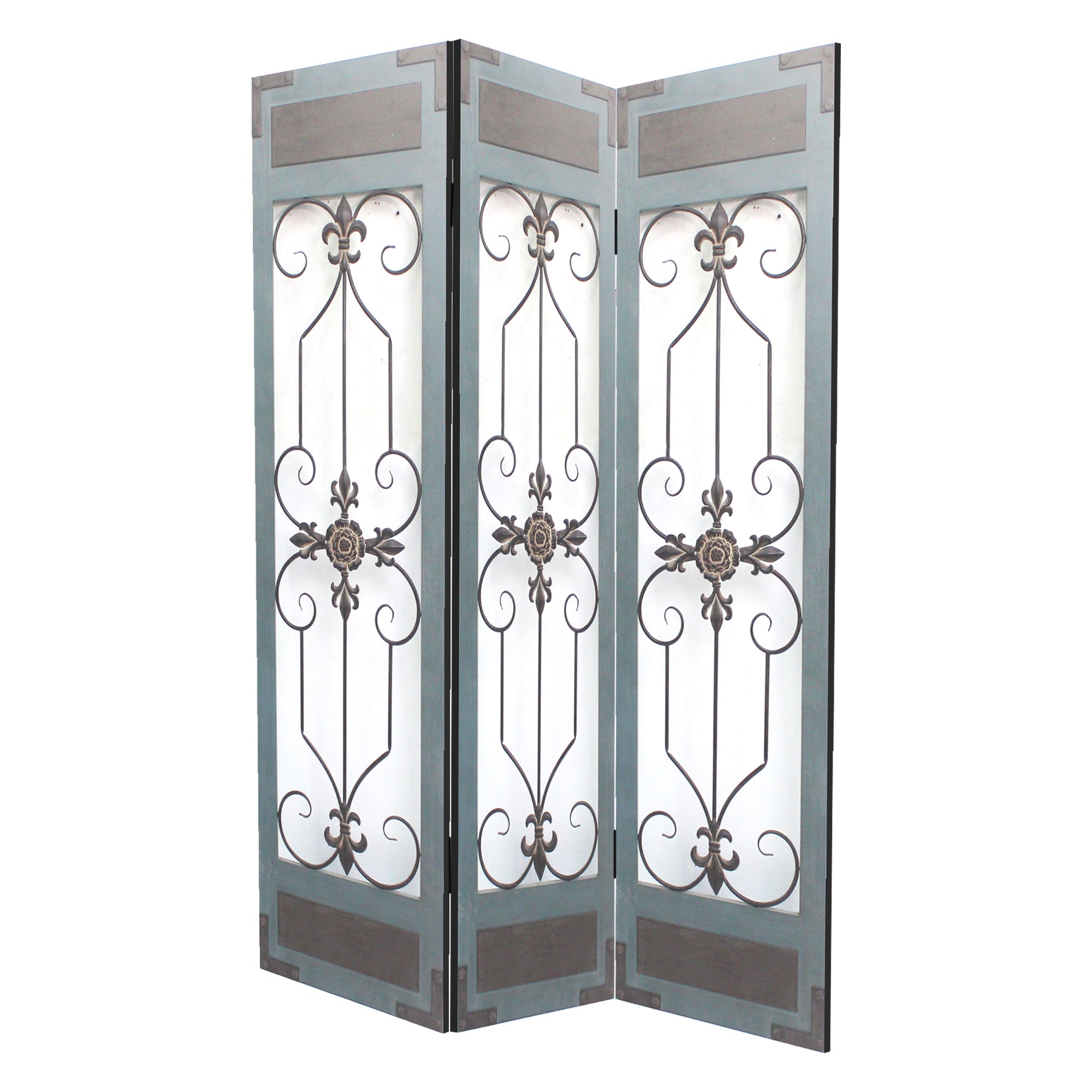 72 Inch 3 Panel Metal Room Divider, Motif Panels, Gray-zoom-1