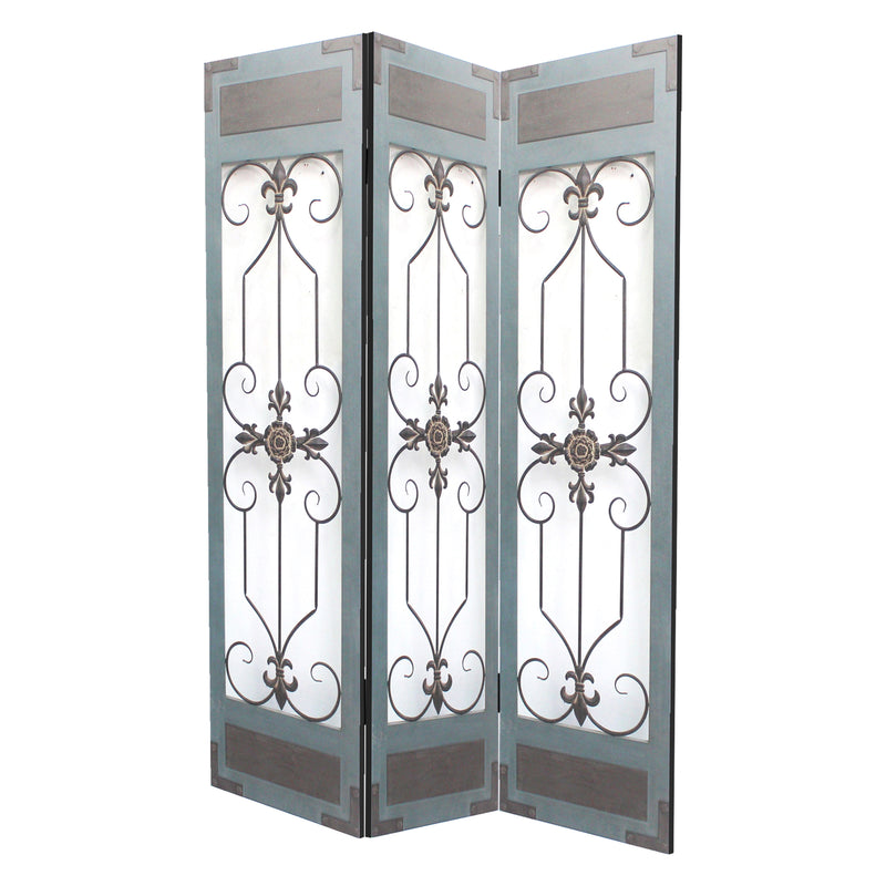 72 Inch 3 Panel Metal Room Divider, Motif Panels, Gray-zoom-