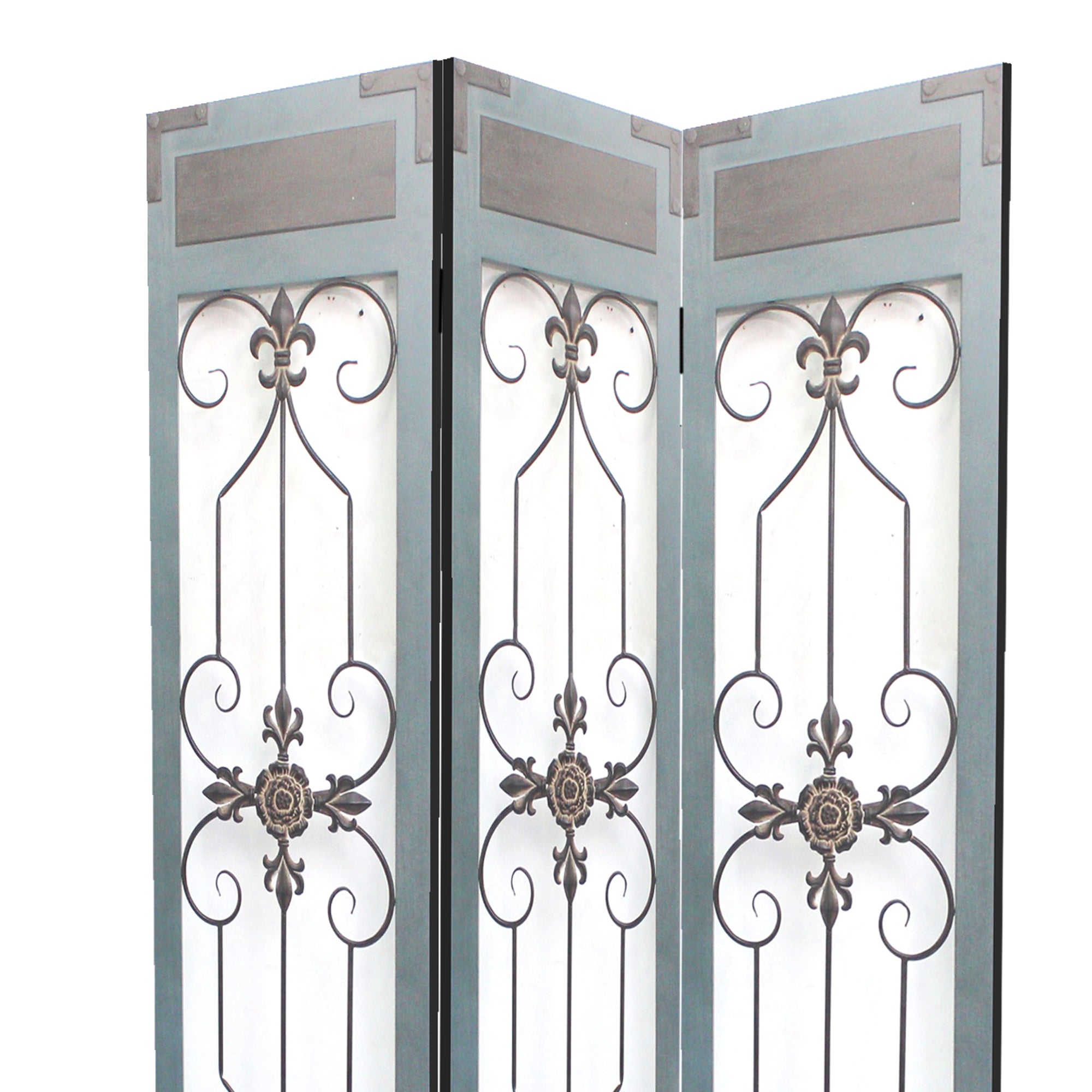 72 Inch 3 Panel Metal Room Divider, Motif Panels, Gray