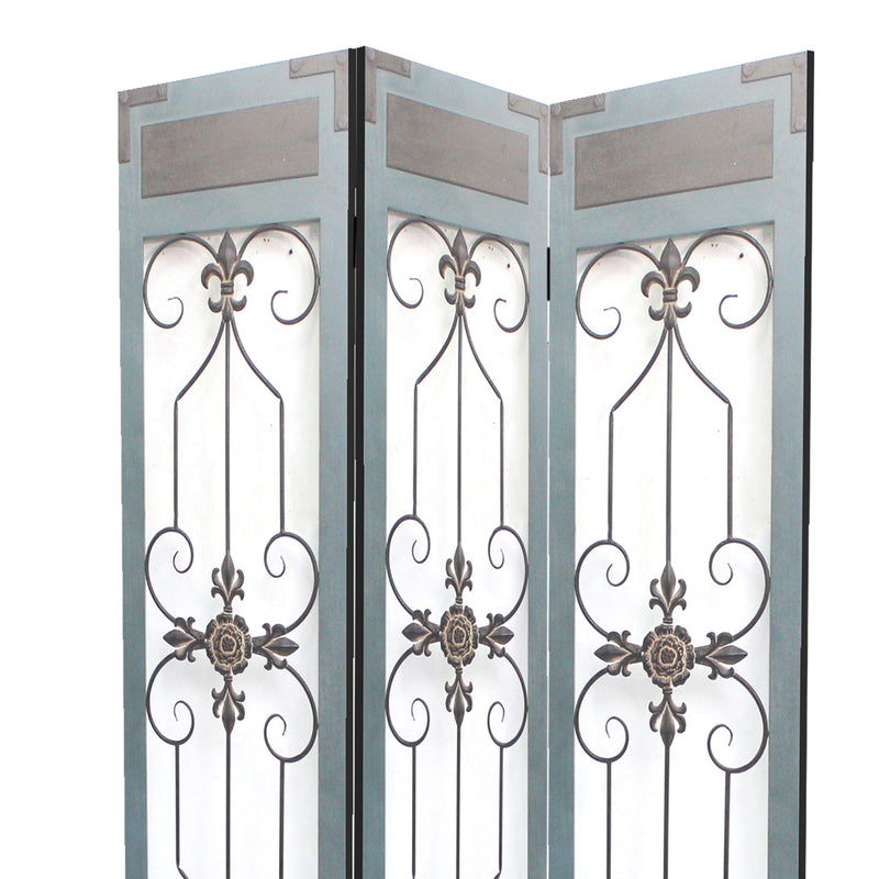 72 Inch 3 Panel Metal Room Divider, Motif Panels, Gray-zoom-