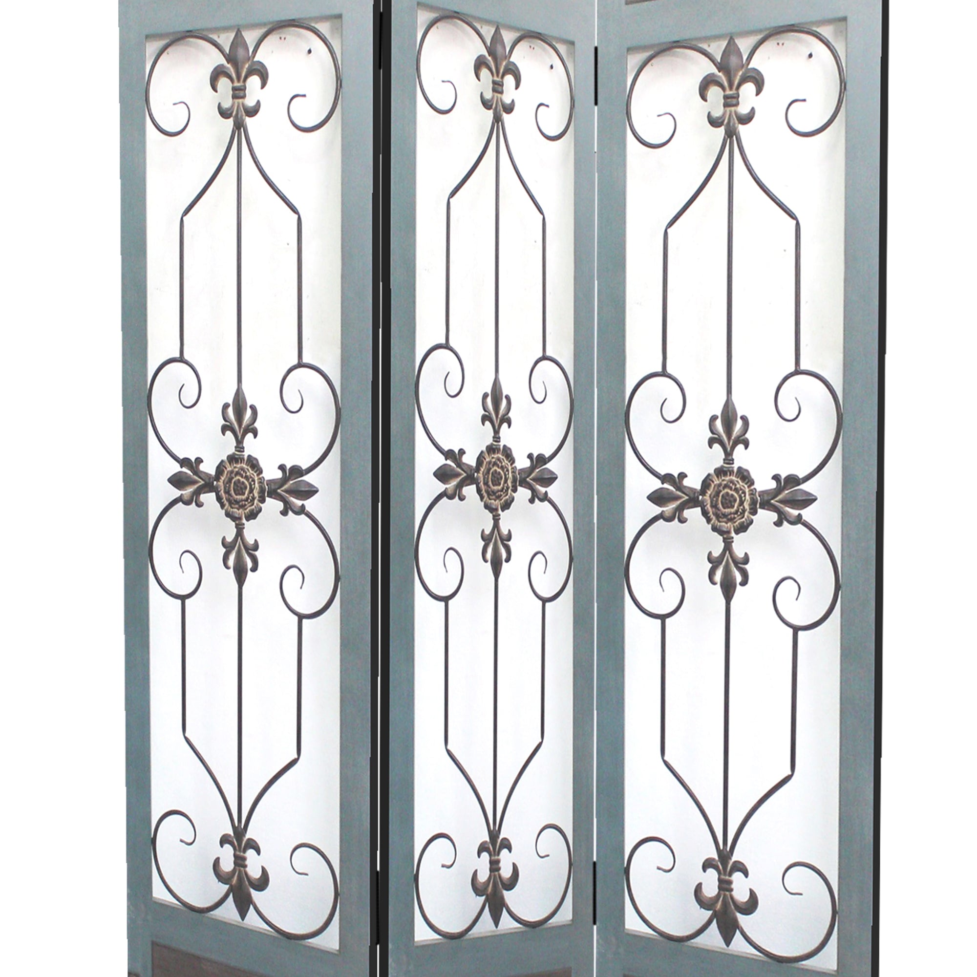 72 Inch 3 Panel Metal Room Divider, Motif Panels, Gray-zoom-3