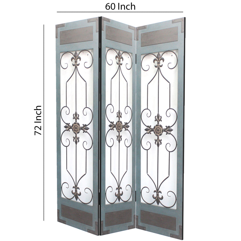 72 Inch 3 Panel Metal Room Divider, Motif Panels, Gray-zoom-