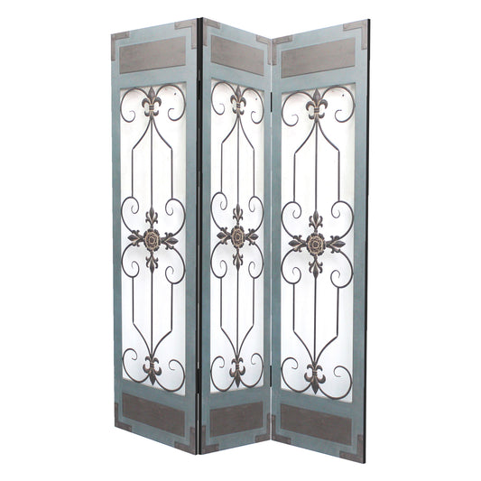 72 Inch 3 Panel Metal Room Divider, Motif Panels, Gray