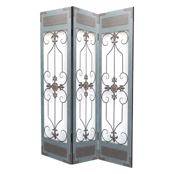 72 Inch 3 Panel Metal Room Divider, Motif Panels, Gray