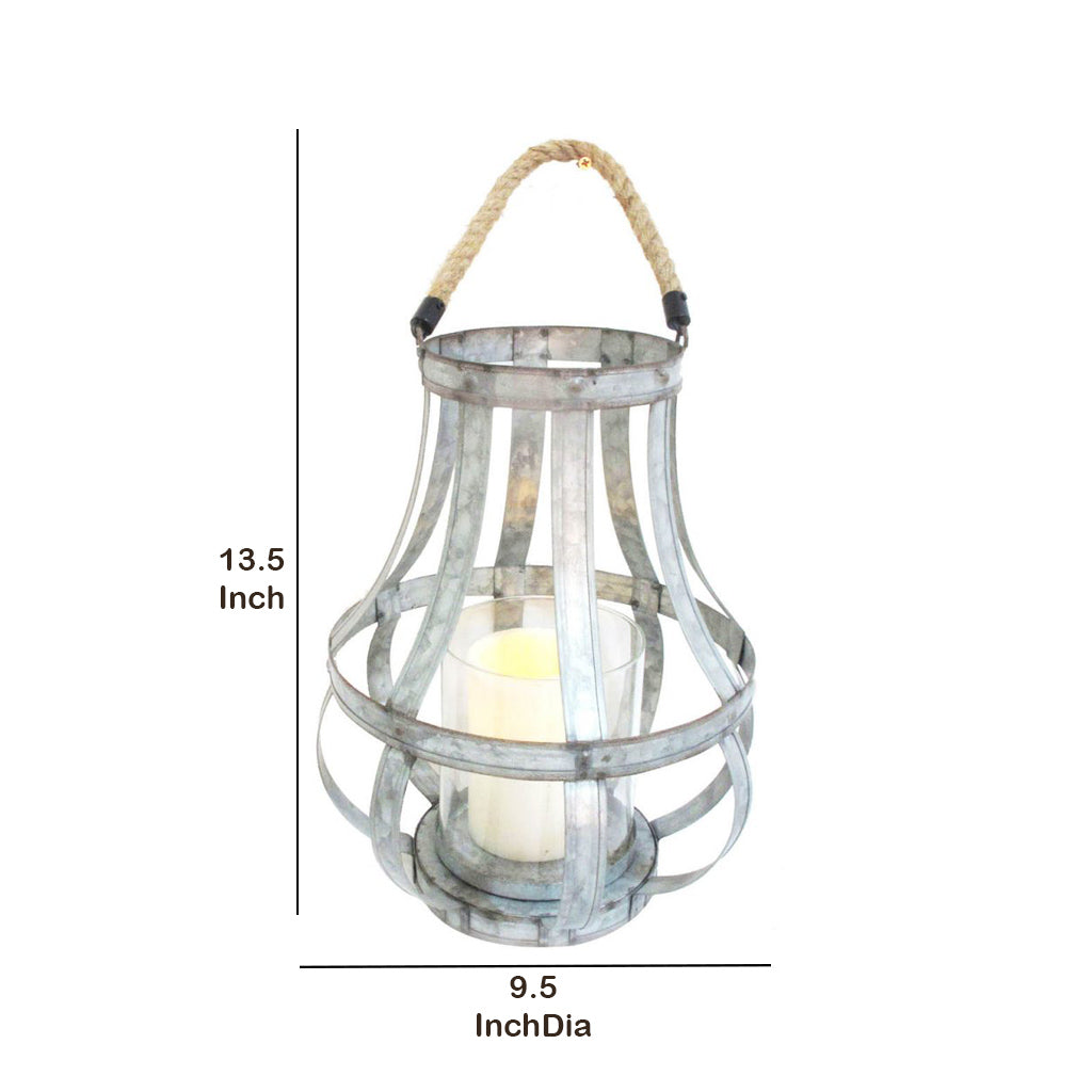 Transitional Metal Candle Holder With Rope And Glass Shade Gray