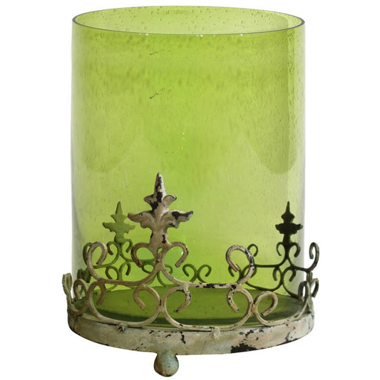 Antique Glass Shade Candle Holder With Metal Base Stand Green