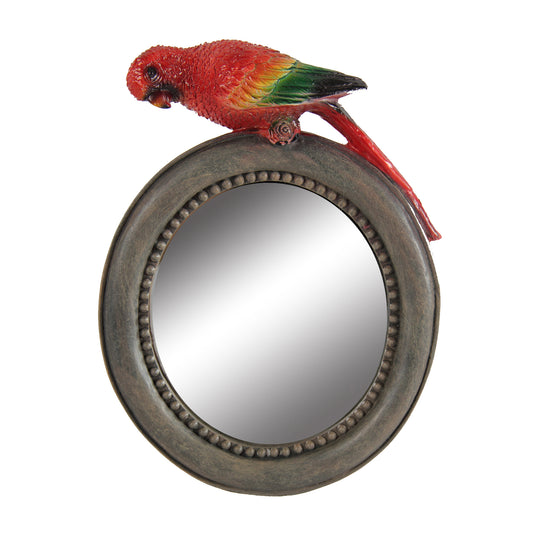 Round Wooden Framed Mirror With Parrot Sculpture Top Multicolor
