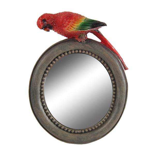 Round Wooden Framed Mirror With Parrot Sculpture Top Multicolor