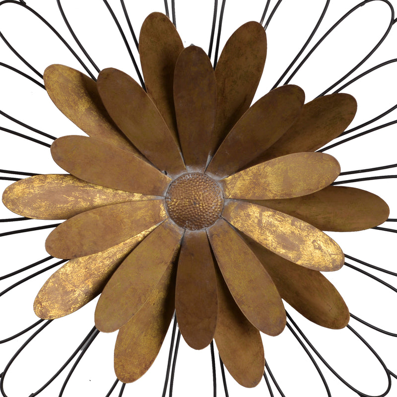 Metal Wall Decor With Wooden Frame And Leafy Flower Bronze-zoom-