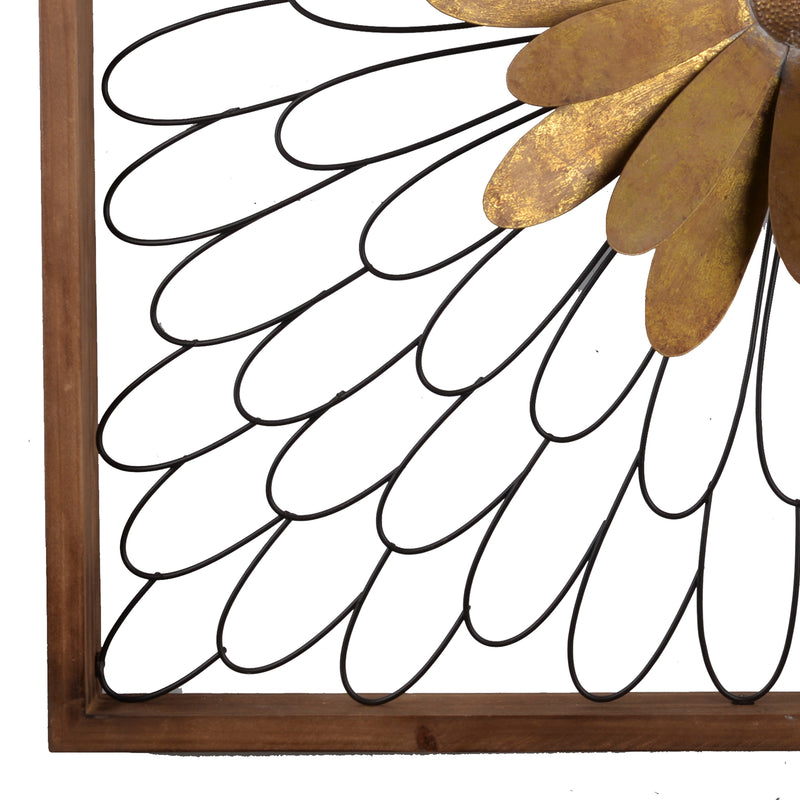 Metal Wall Decor With Wooden Frame And Leafy Flower Bronze-zoom-