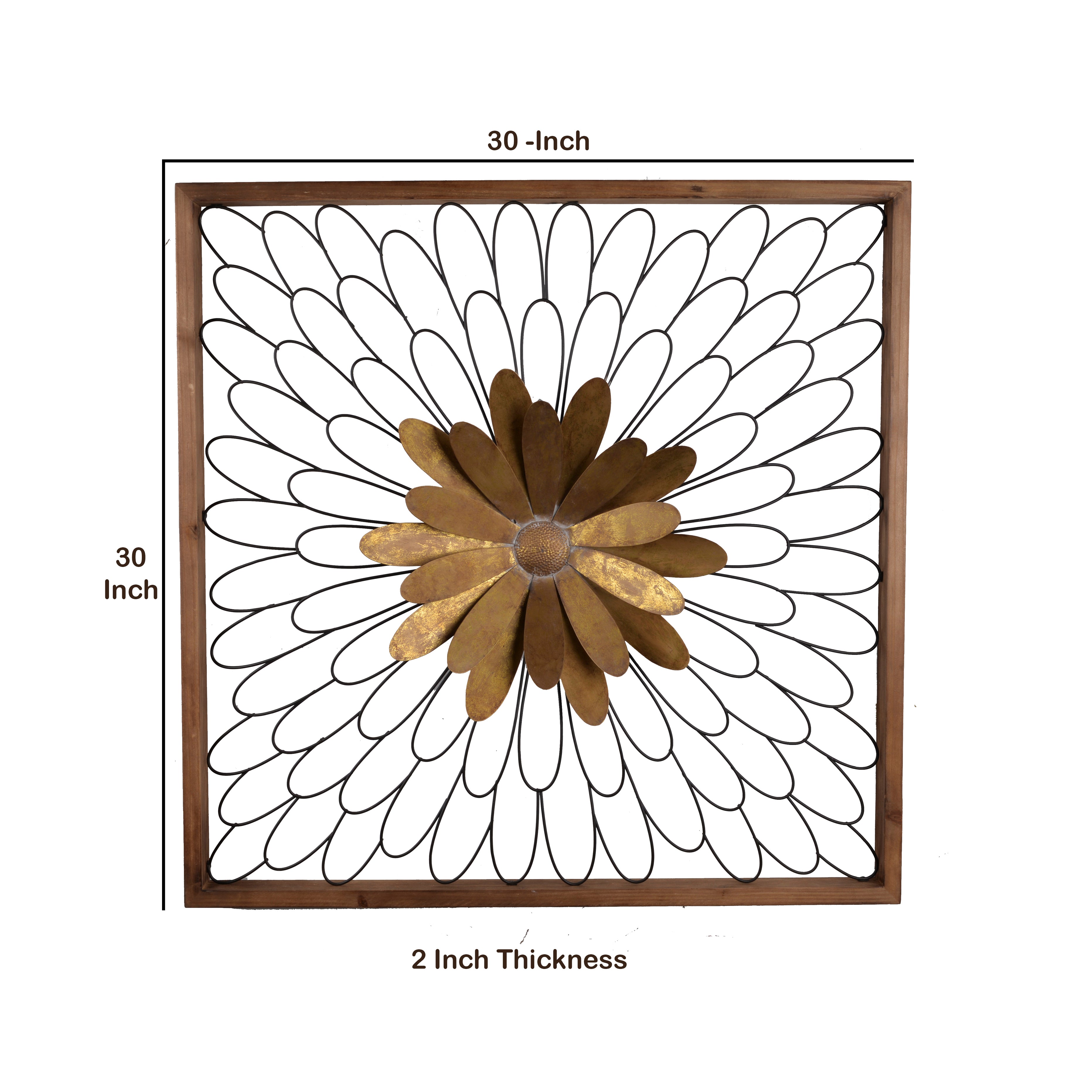Metal Wall Decor With Wooden Frame And Leafy Flower Bronze-zoom-5