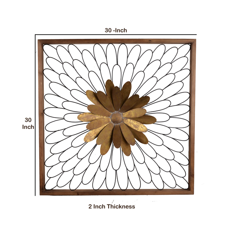 Metal Wall Decor With Wooden Frame And Leafy Flower Bronze-zoom-