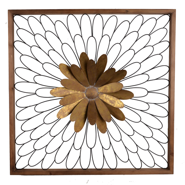 Metal Wall Decor With Wooden Frame And Leafy Flower Bronze