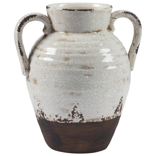 Ceramic Decorative Vase In Amphora Shape Small White And Brown