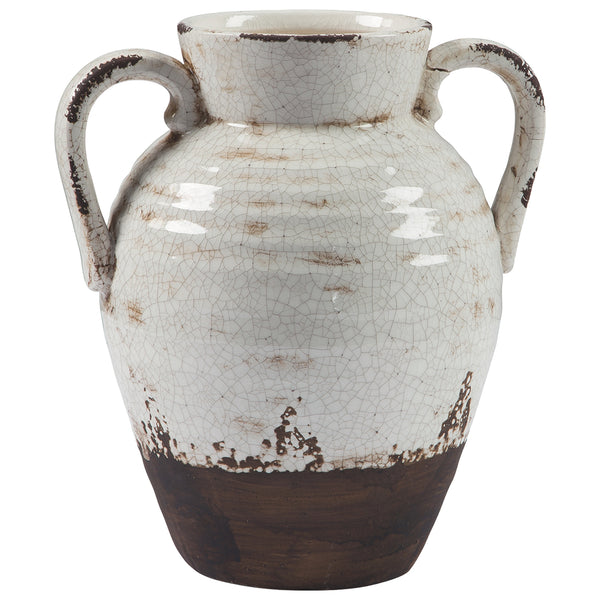 Ceramic Decorative Vase In Amphora Shape Small White And Brown