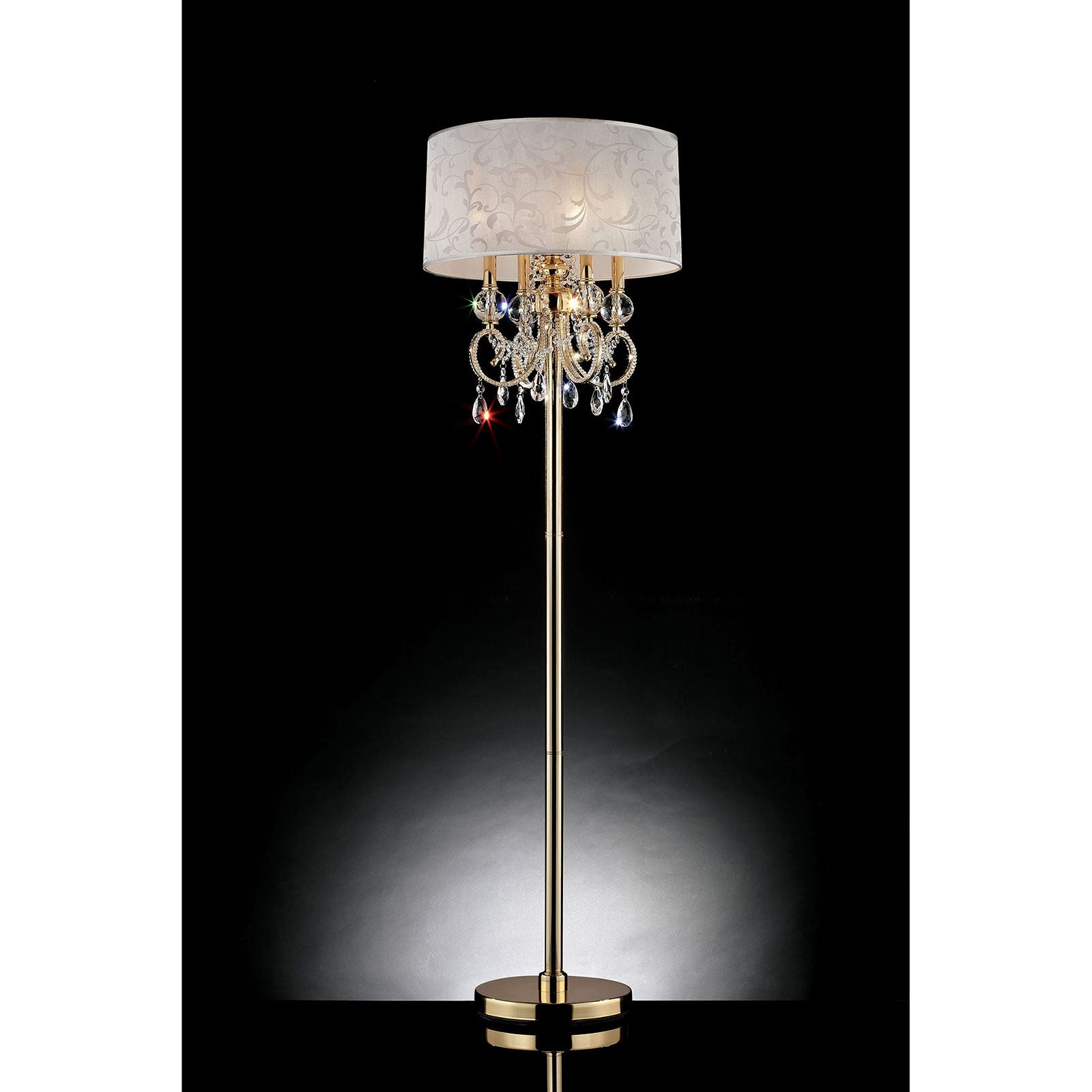 Chandelier Floor Lamp With Hanging Crystals And Floral Pattern Shade Gold-zoom-1