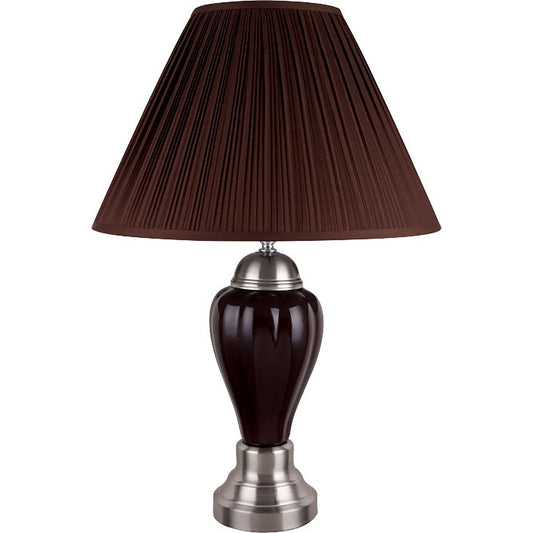 Ceramic Pedestal Base Table Lamp with Pleated Empire Shade Brown and silver
