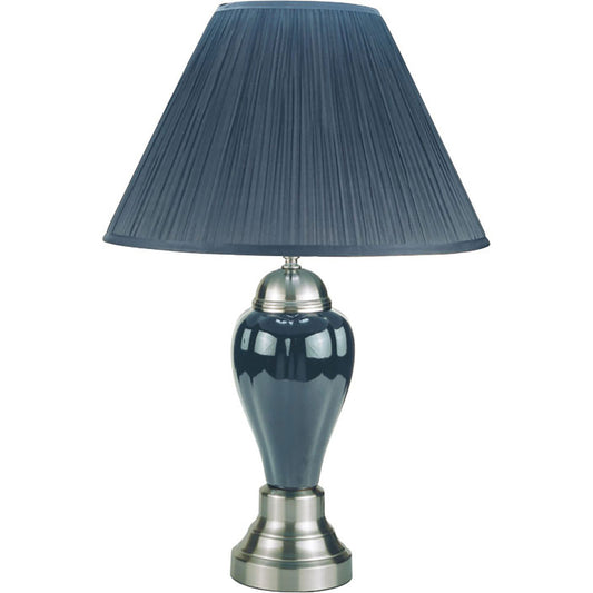 Ceramic Pedestal Base Table Lamp with Pleated Empire Shade Blue and silver