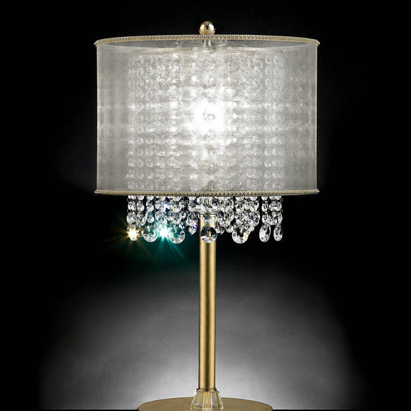 Table Lamp with Hanging Crystal Droplets and White Drum Shade Gold