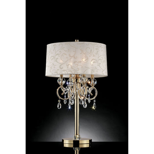Chandelier Table Lamp with Hanging Crystals and Floral Pattern Shade Gold