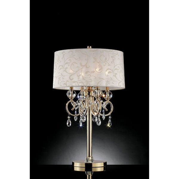 Chandelier Table Lamp with Hanging Crystals and Floral Pattern Shade Gold