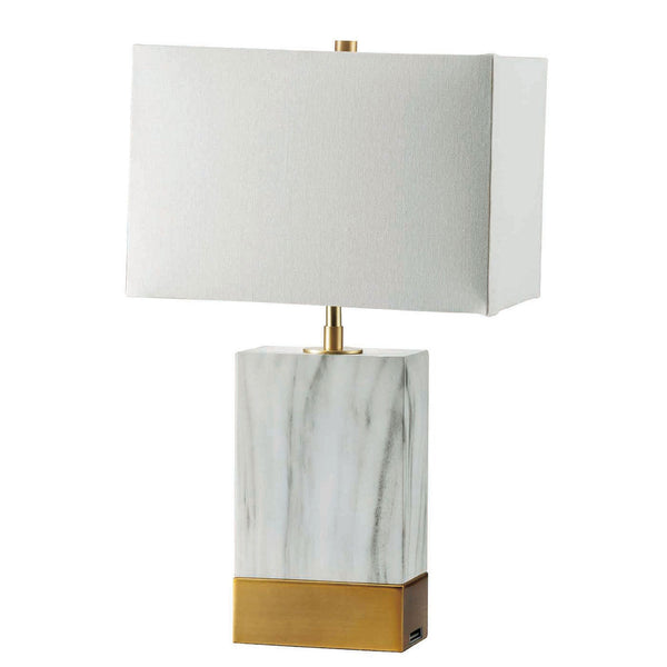 Table Lamp with Rectangular Shade and Pillar Marble Base White and Gold