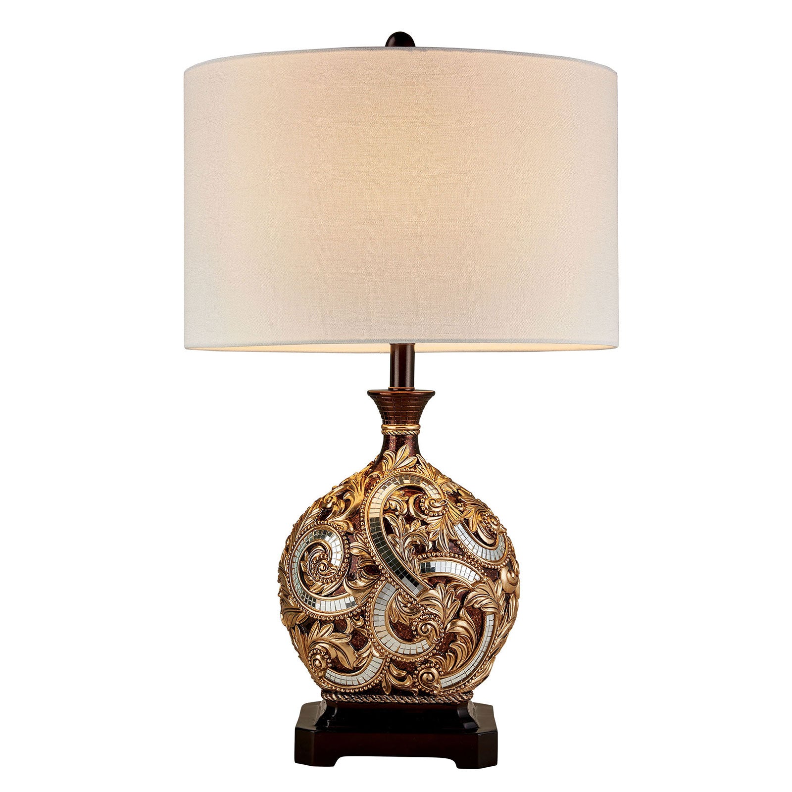 Table Lamp with Engraved Floral Motifs and Mosaic Details Brown and Gold-zoom-1