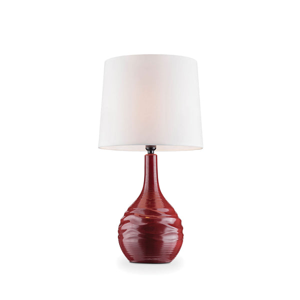 Table Lamp with Textured Ceramic Base and Drum Shaped Shade Red