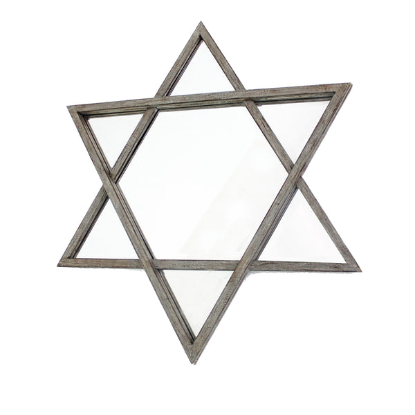 Transitional Wooden Wall Mirror With Hexagram Shape Design Brown