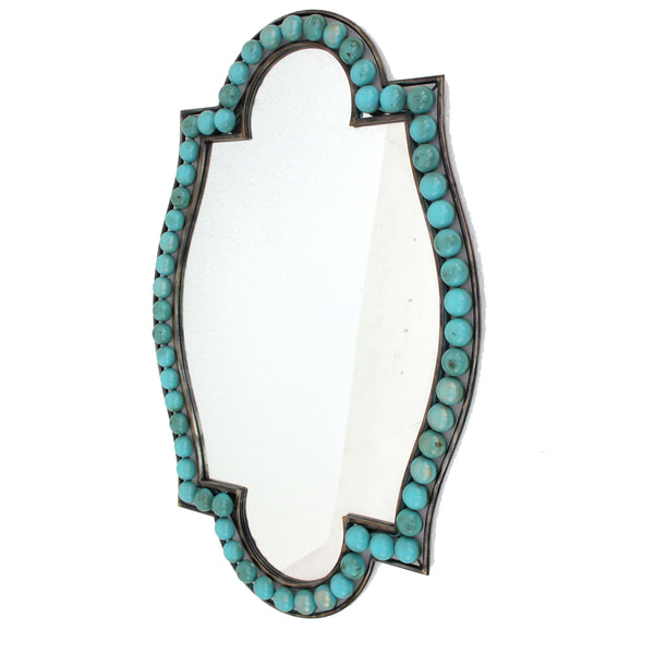 Quatrefoil Shape Metal Wall Mirror With Pearl Accents Blue And Brown