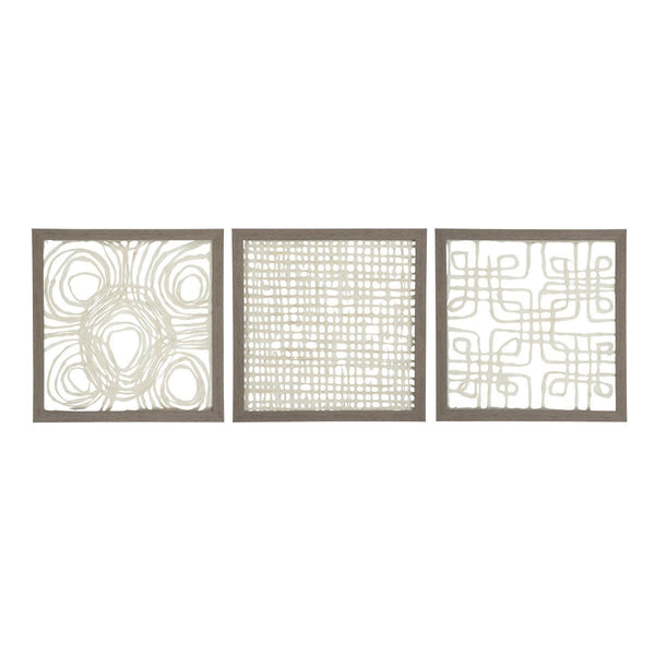 Wooden Wall Decor With Intricate Canvas Cut Outs Set Of 3 Cream And Brown