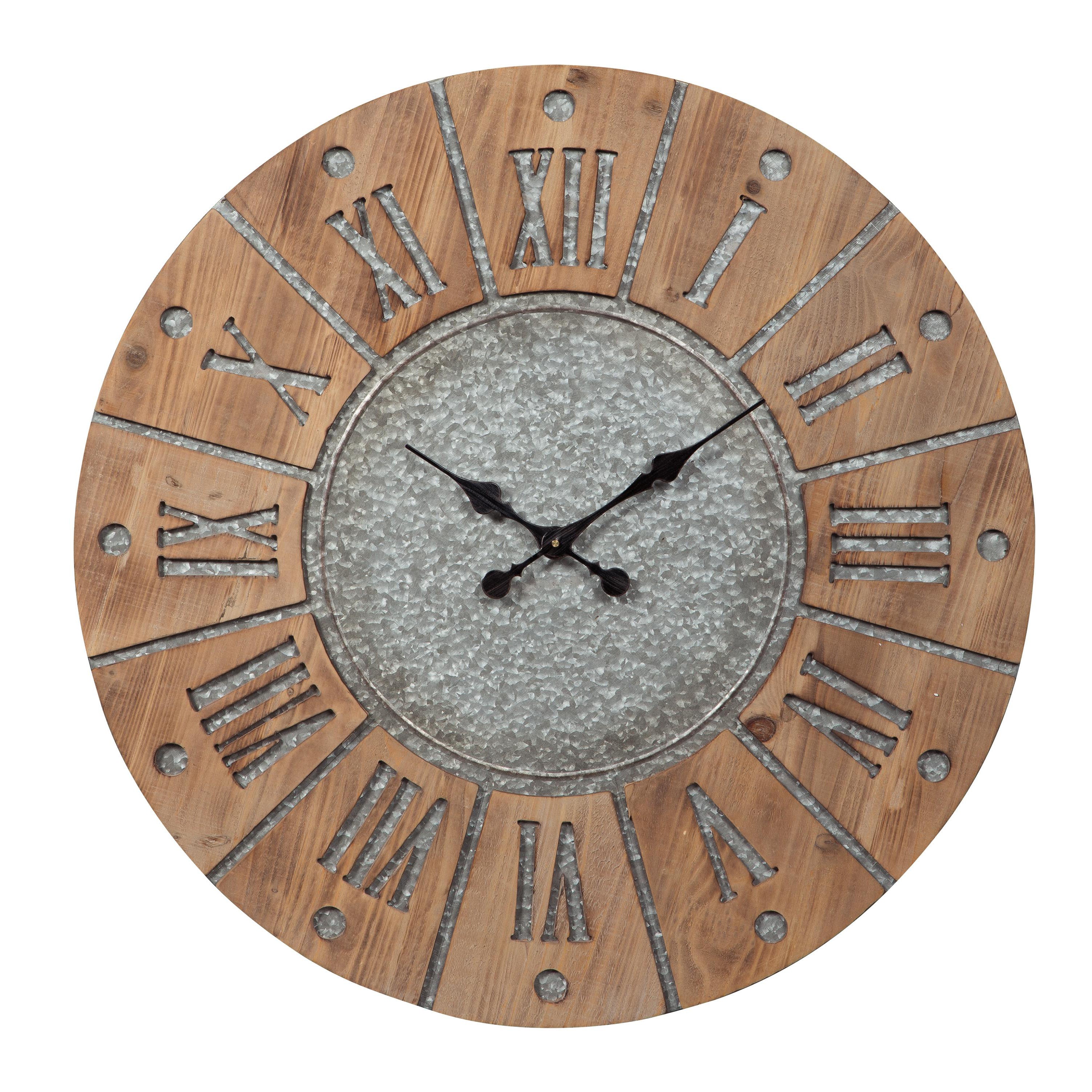 Round Wooden Frame Wall Clock With Metal Accents Brown And Gray