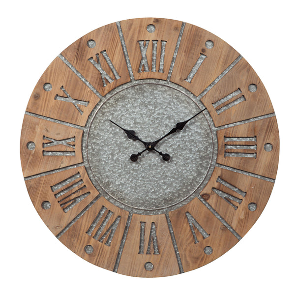 Round Wooden Frame Wall Clock With Metal Accents Brown And Gray