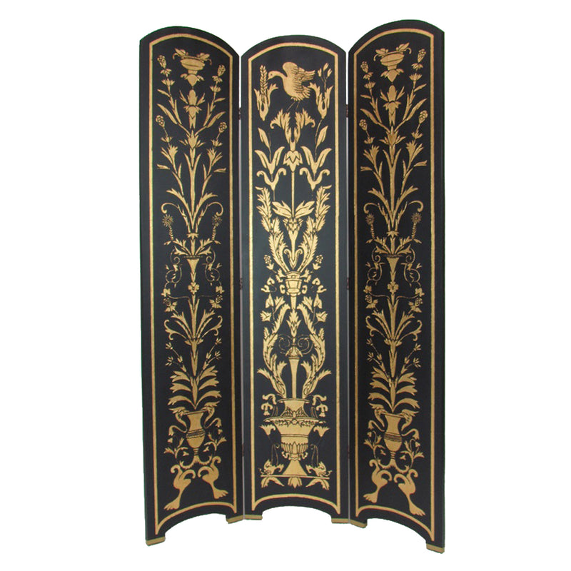 Foldable 3 Panel Room Divider with Traditional Print,Black and Gold-zoom-