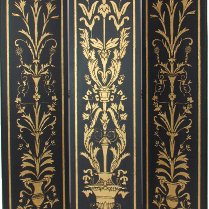 Foldable 3 Panel Room Divider with Traditional Print,Black and Gold-zoom-