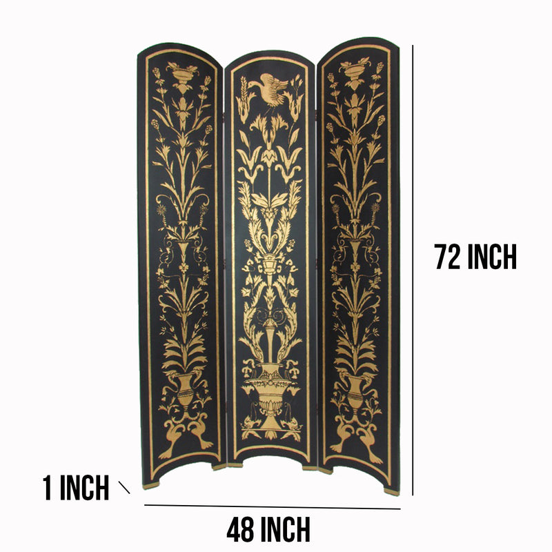Foldable 3 Panel Room Divider with Traditional Print,Black and Gold-zoom-