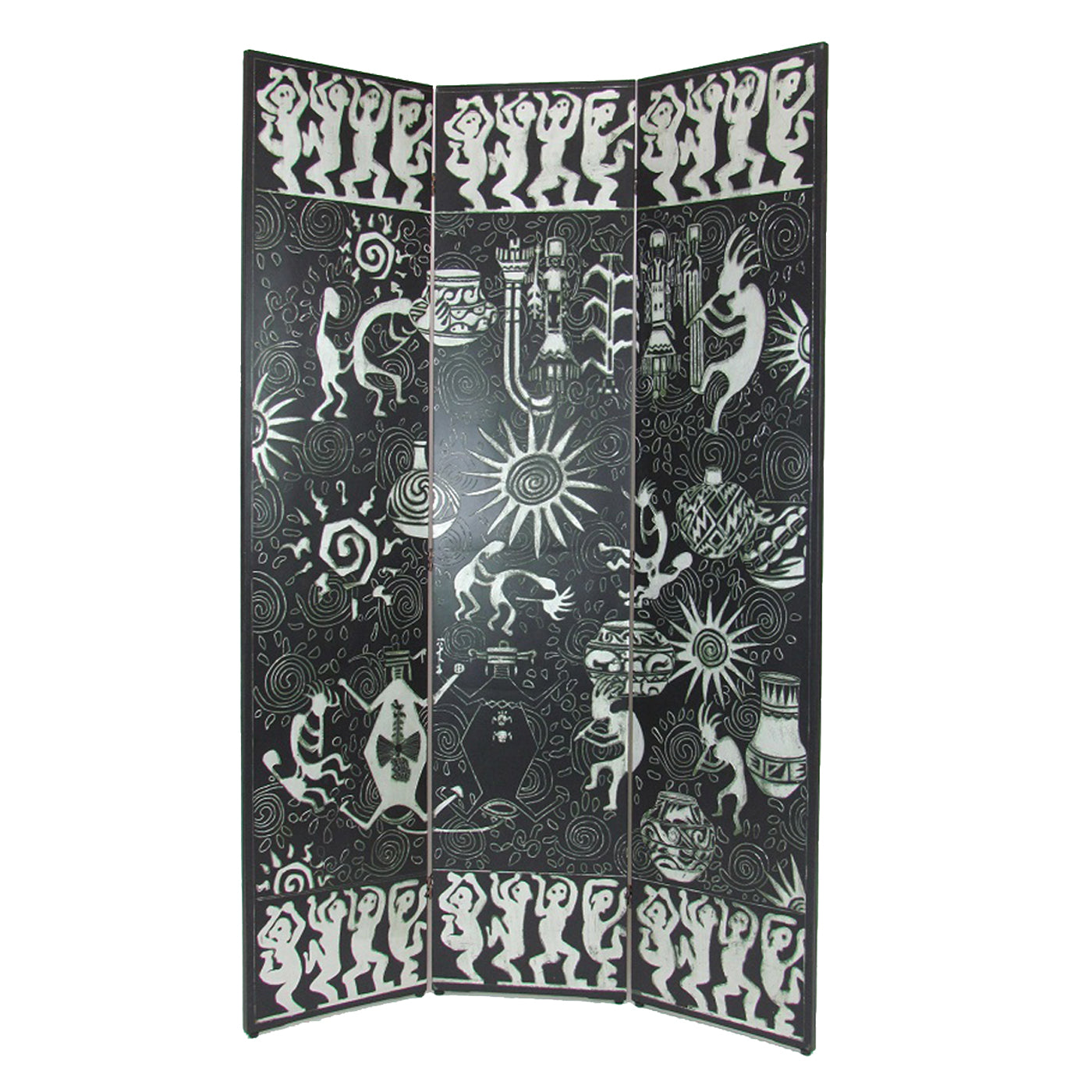 Foldable 3 Panel Room Divider with Tribal Print, Black and Silver-zoom-1