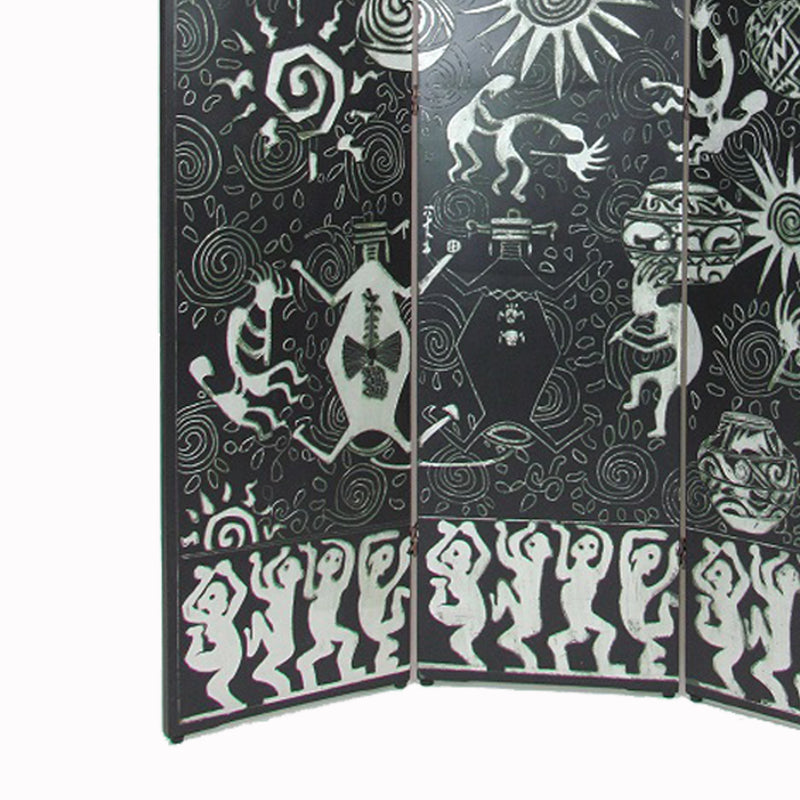 Foldable 3 Panel Room Divider with Tribal Print, Black and Silver-zoom-