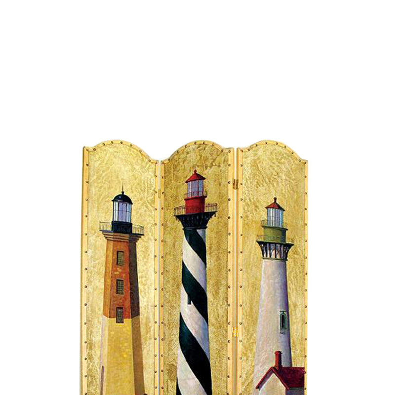 Hand Painted 3 Panel Wooden Room Divider with Lighthouses Print, Multicolor-zoom-