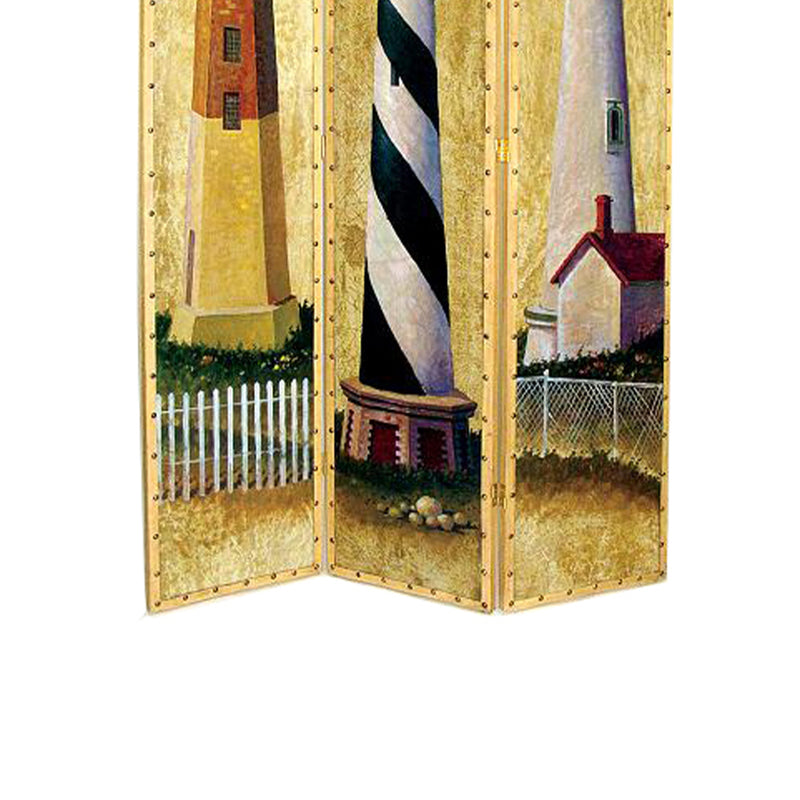 Hand Painted 3 Panel Wooden Room Divider with Lighthouses Print, Multicolor-zoom-