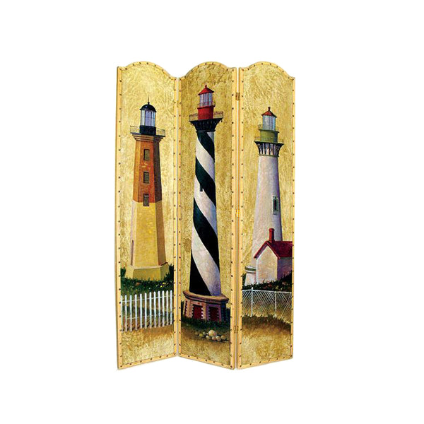Hand Painted 3 Panel Wooden Room Divider with Lighthouses Print, Multicolor