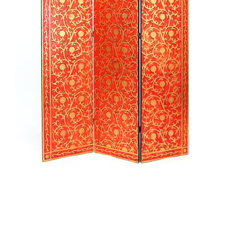 3 Panel Foldable Wooden Room Divider with Vine Print, Red and Gold-zoom-