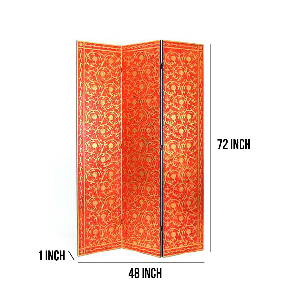 3 Panel Foldable Wooden Room Divider with Vine Print, Red and Gold-zoom-5
