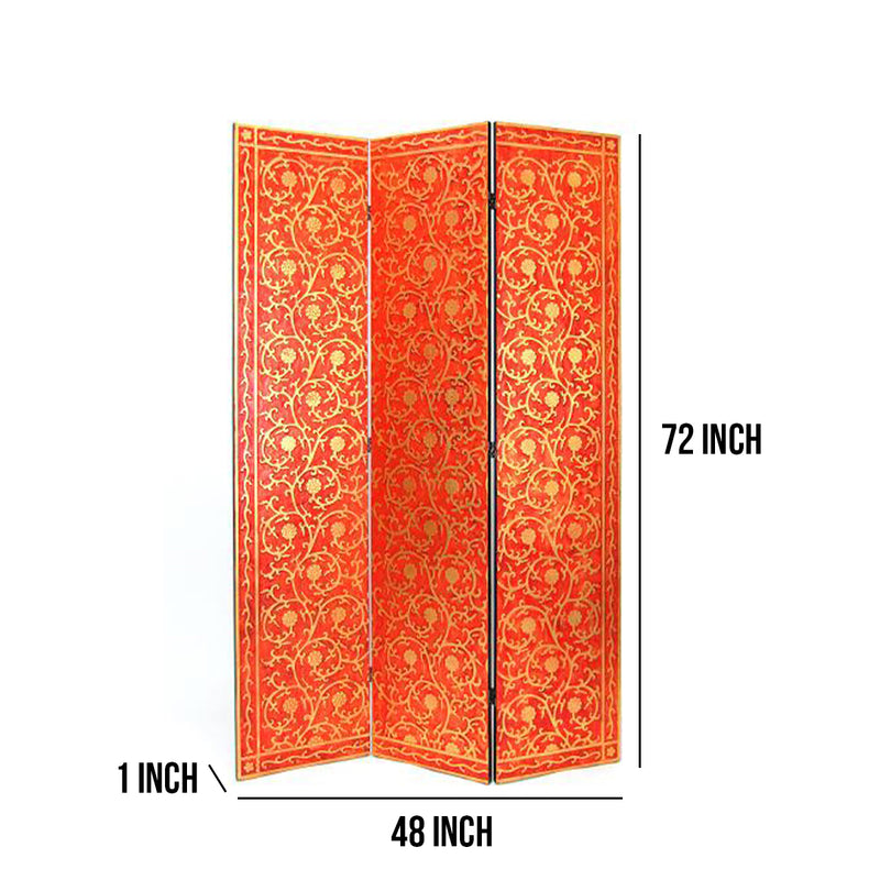 3 Panel Foldable Wooden Room Divider with Vine Print, Red and Gold-zoom-